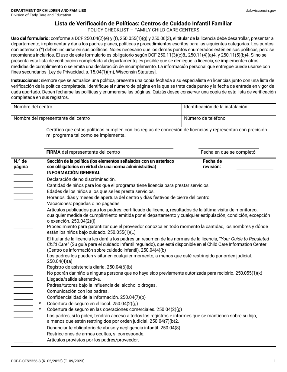 Formulario DCF-F-CFS2356-S Lista De Verificacion De Politicas: Centros De Cuidado Infantil Familiar - Wisconsin (Spanish), Page 1