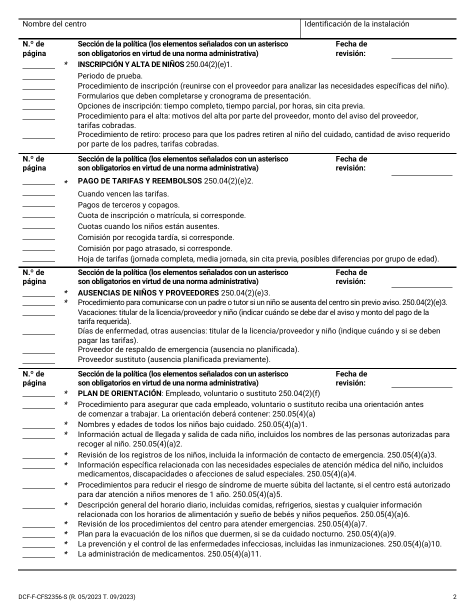 Formulario DCF-F-CFS2356-S Lista De Verificacion De Politicas: Centros De Cuidado Infantil Familiar - Wisconsin (Spanish), Page 2