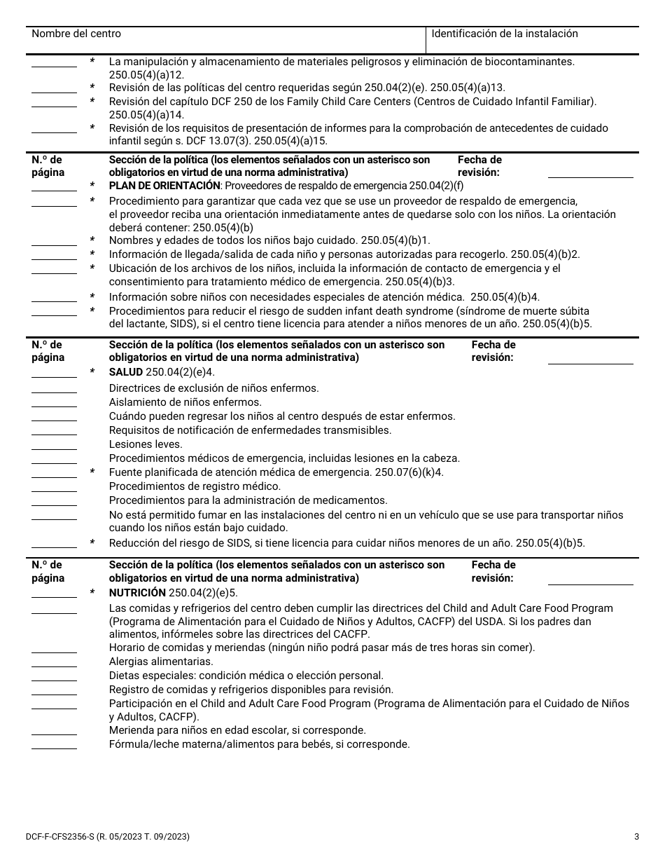 Formulario DCF-F-CFS2356-S Lista De Verificacion De Politicas: Centros De Cuidado Infantil Familiar - Wisconsin (Spanish), Page 3