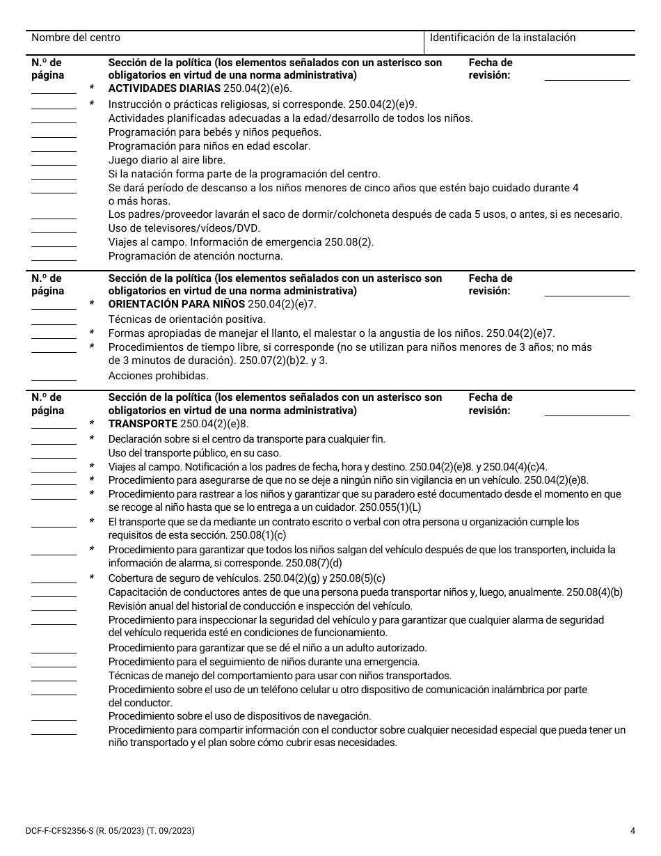 Formulario DCF-F-CFS2356-S Lista De Verificacion De Politicas: Centros De Cuidado Infantil Familiar - Wisconsin (Spanish), Page 4