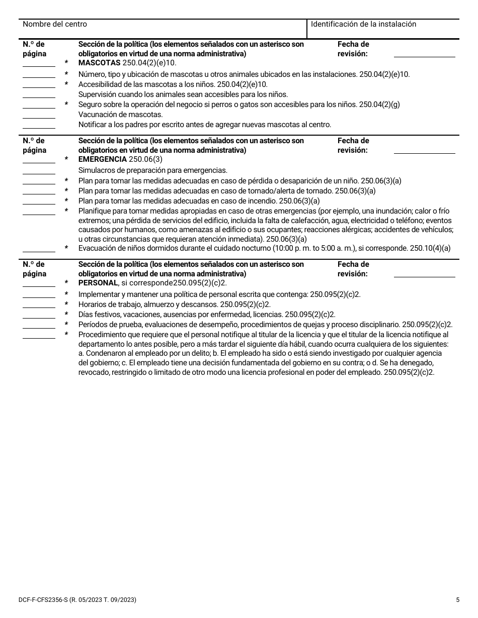Formulario DCF-F-CFS2356-S Lista De Verificacion De Politicas: Centros De Cuidado Infantil Familiar - Wisconsin (Spanish), Page 5