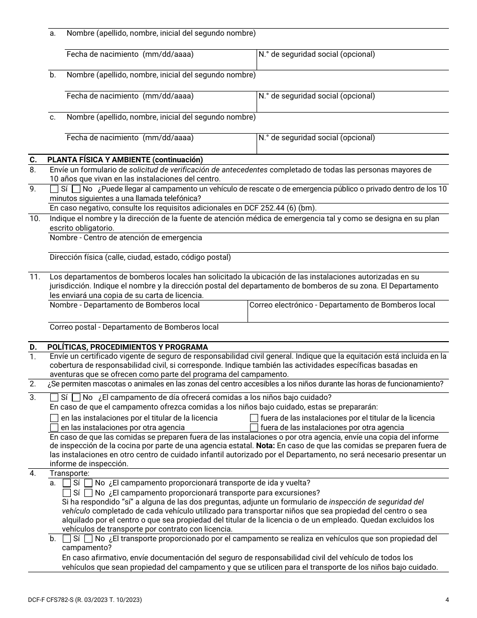 Formulario DCF-F-CFS782-S Solicitud De Licencia Inicial: Campamentos De Dia Para Ninos - Wisconsin (Spanish), Page 4