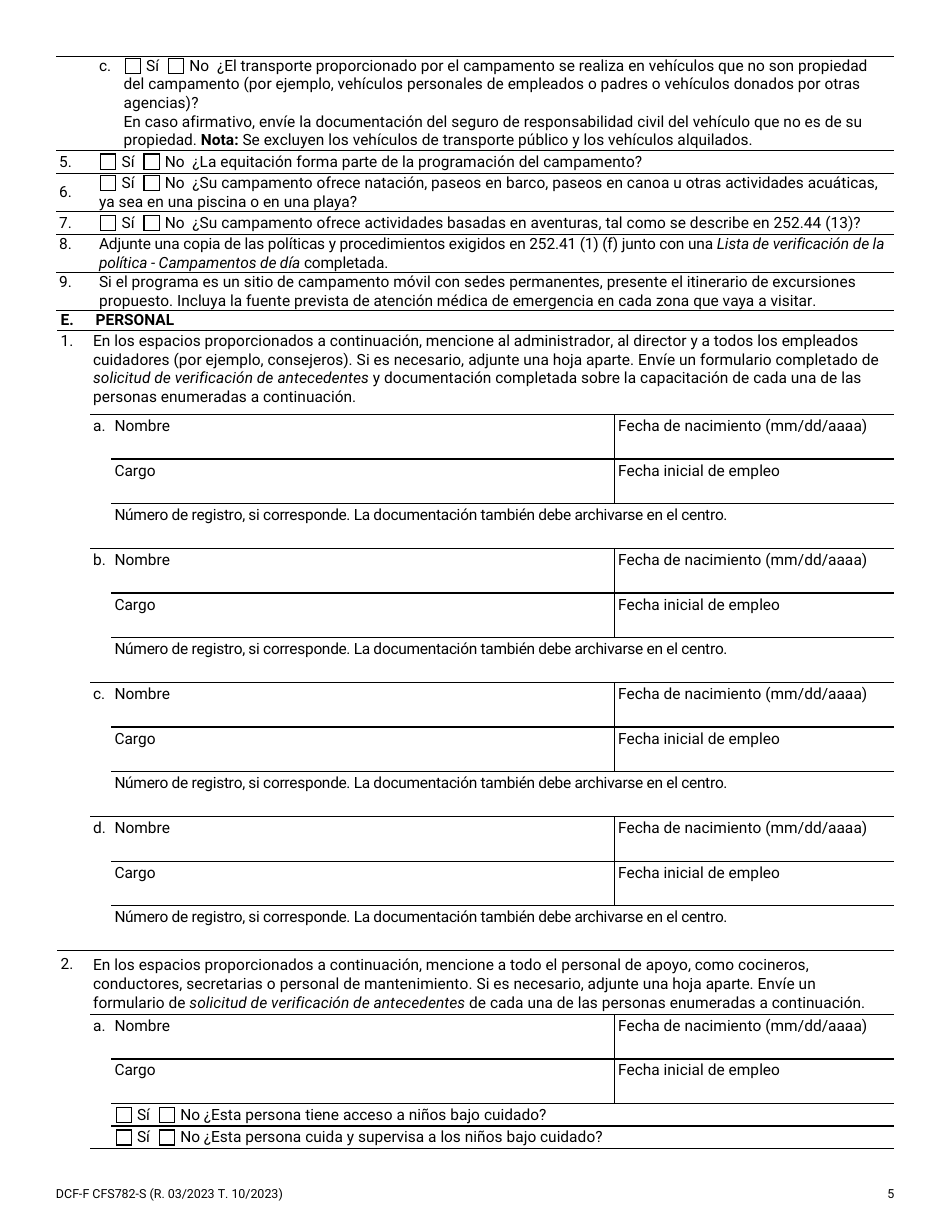 Formulario DCF-F-CFS782-S Solicitud De Licencia Inicial: Campamentos De Dia Para Ninos - Wisconsin (Spanish), Page 5
