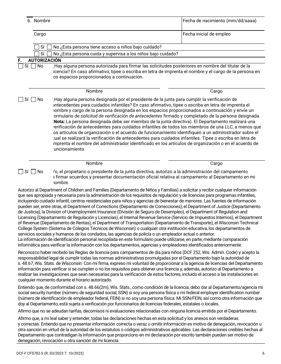 Formulario DCF-F-CFS782-S Solicitud De Licencia Inicial: Campamentos De Dia Para Ninos - Wisconsin (Spanish), Page 6