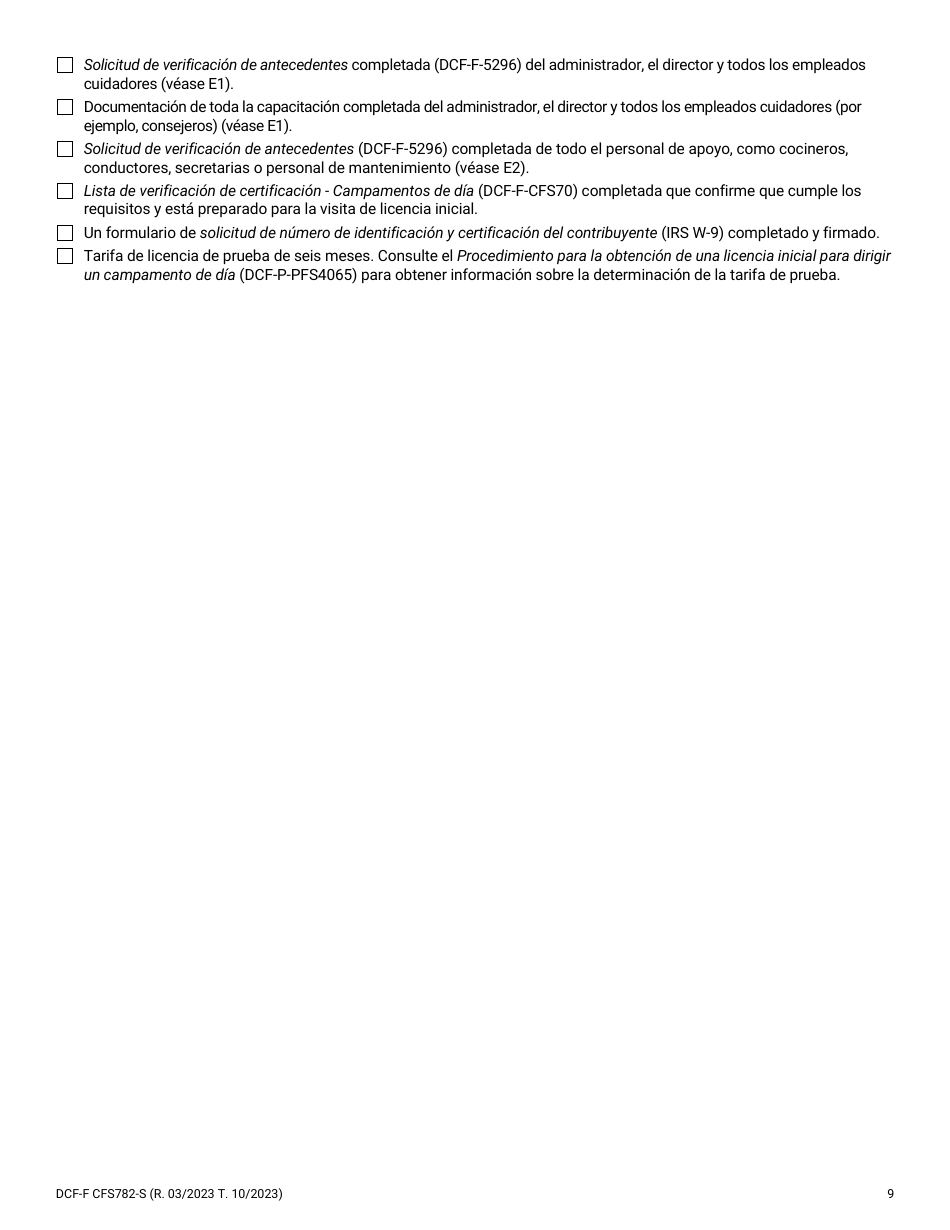 Formulario DCF-F-CFS782-S Solicitud De Licencia Inicial: Campamentos De Dia Para Ninos - Wisconsin (Spanish), Page 9