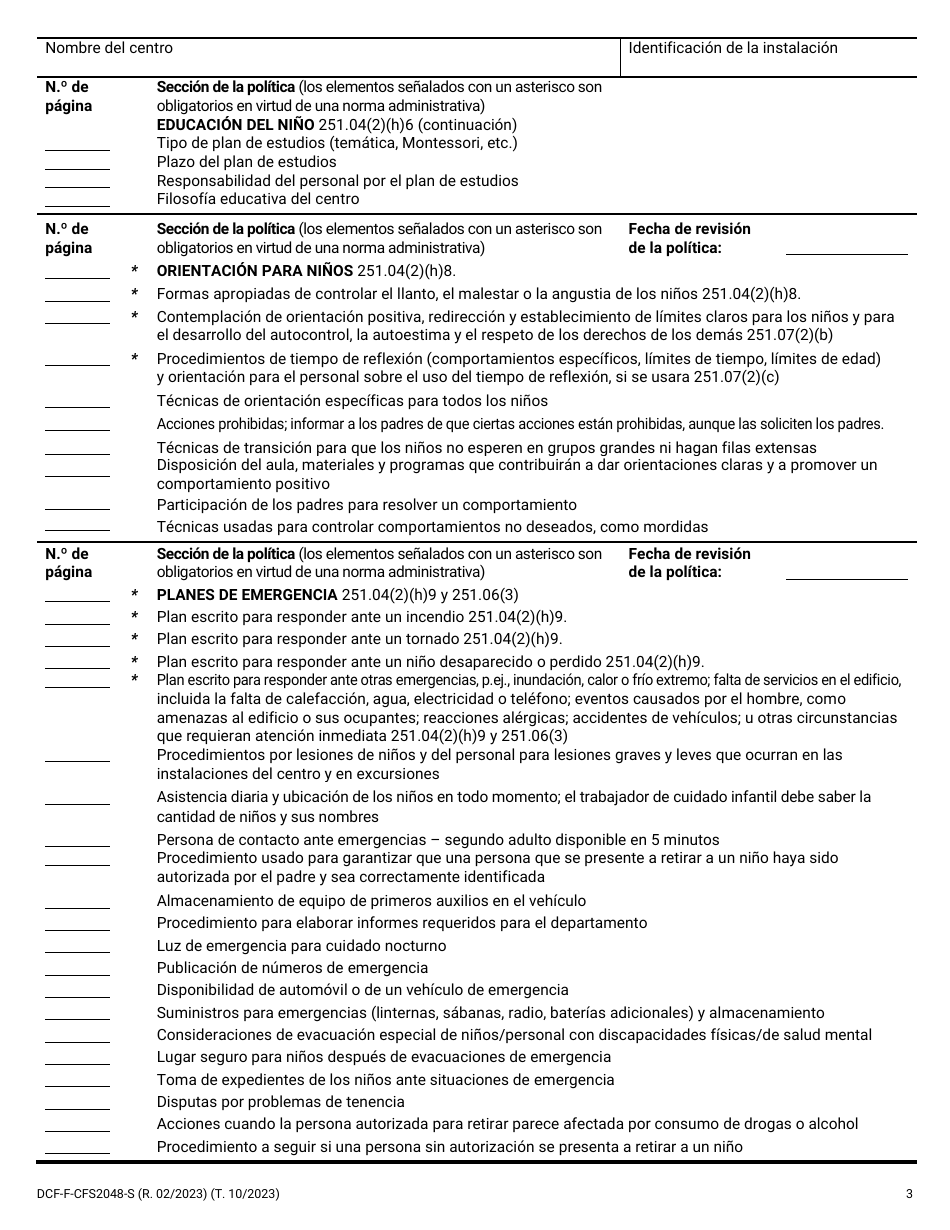 Formulario DCF-F-CFS2048-S Lista De Verificacion De Politicas: Centros Grupales De Cuidado Infantil - Wisconsin (Spanish), Page 3