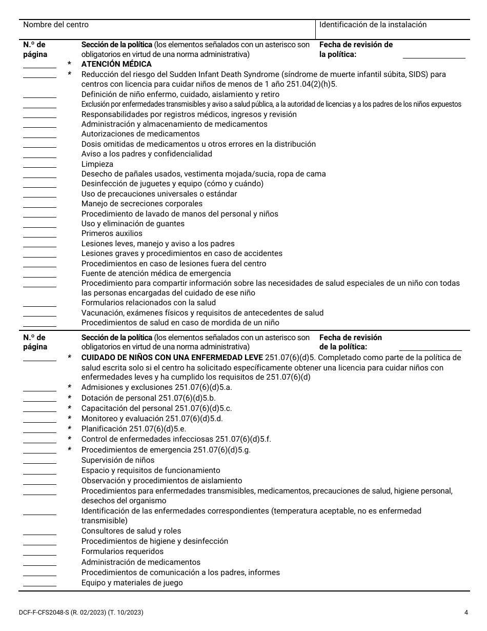Formulario DCF-F-CFS2048-S Lista De Verificacion De Politicas: Centros Grupales De Cuidado Infantil - Wisconsin (Spanish), Page 4