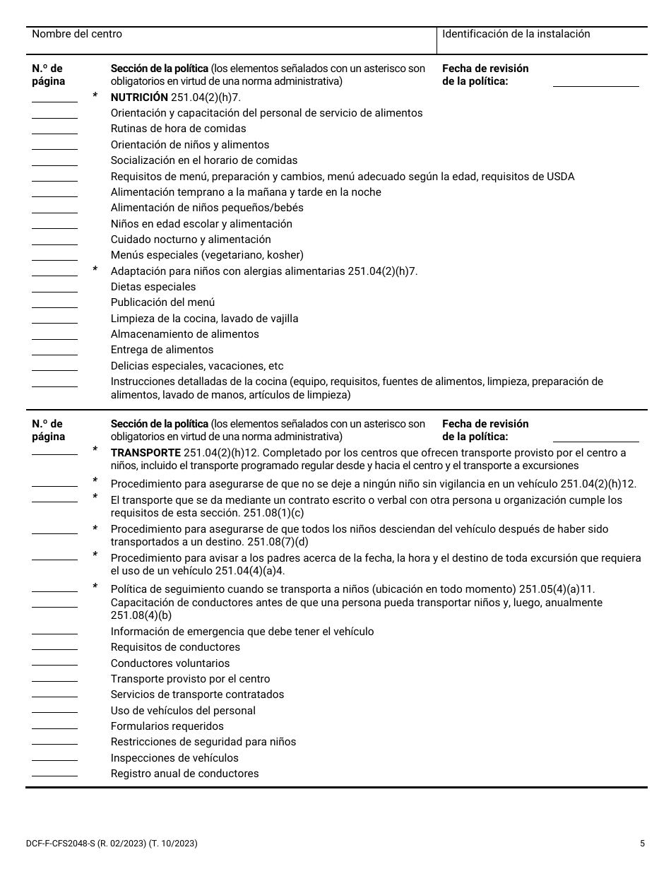 Formulario DCF-F-CFS2048-S Lista De Verificacion De Politicas: Centros Grupales De Cuidado Infantil - Wisconsin (Spanish), Page 5