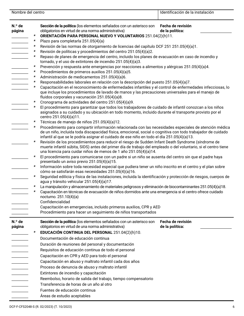 Formulario DCF-F-CFS2048-S Lista De Verificacion De Politicas: Centros Grupales De Cuidado Infantil - Wisconsin (Spanish), Page 6
