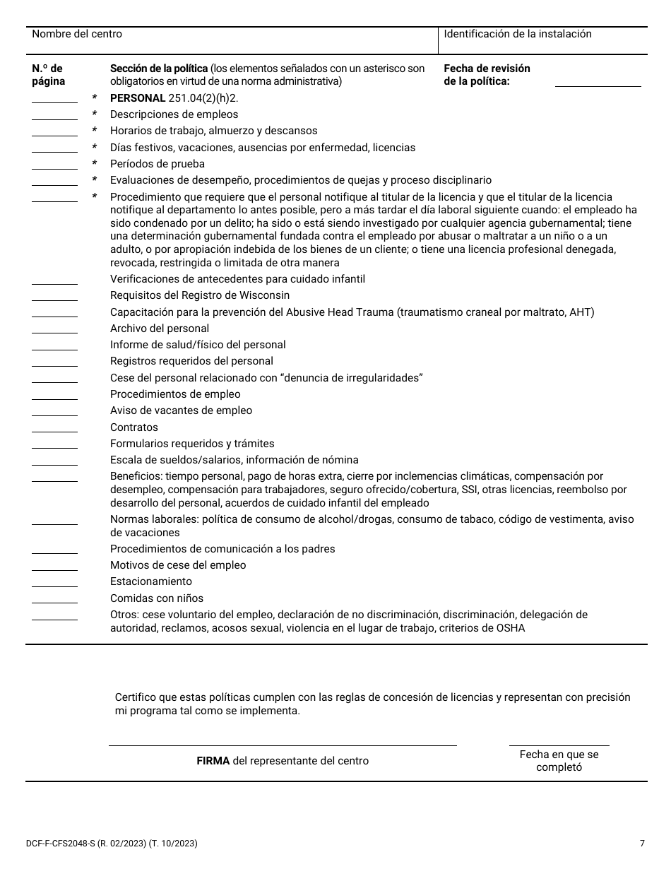 Formulario DCF-F-CFS2048-S Lista De Verificacion De Politicas: Centros Grupales De Cuidado Infantil - Wisconsin (Spanish), Page 7