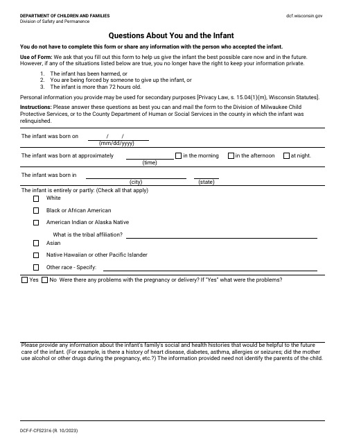 Form DCF-F-CFS2316 Questions About You and the Infant - Wisconsin