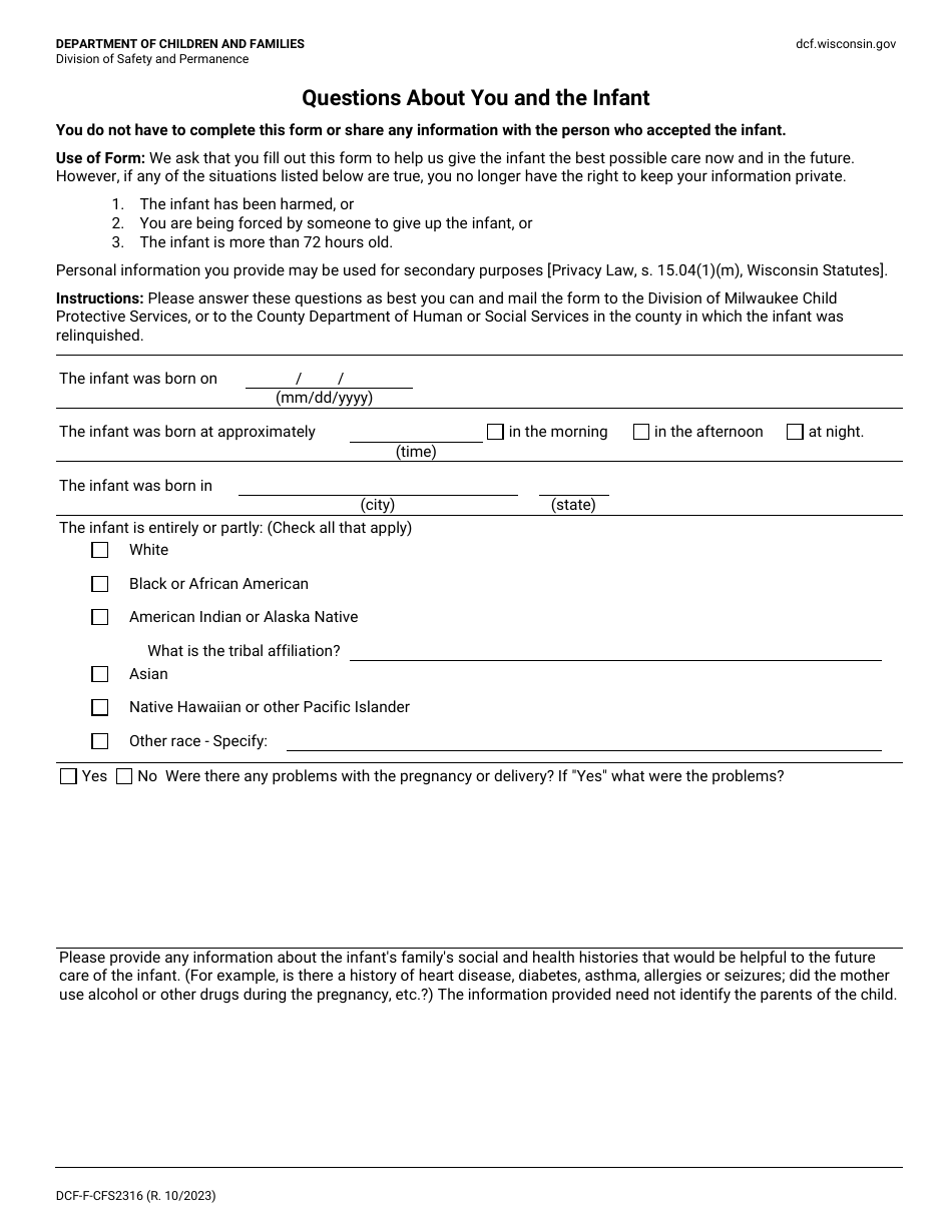 Form DCF-F-CFS2316 Questions About You and the Infant - Wisconsin, Page 1