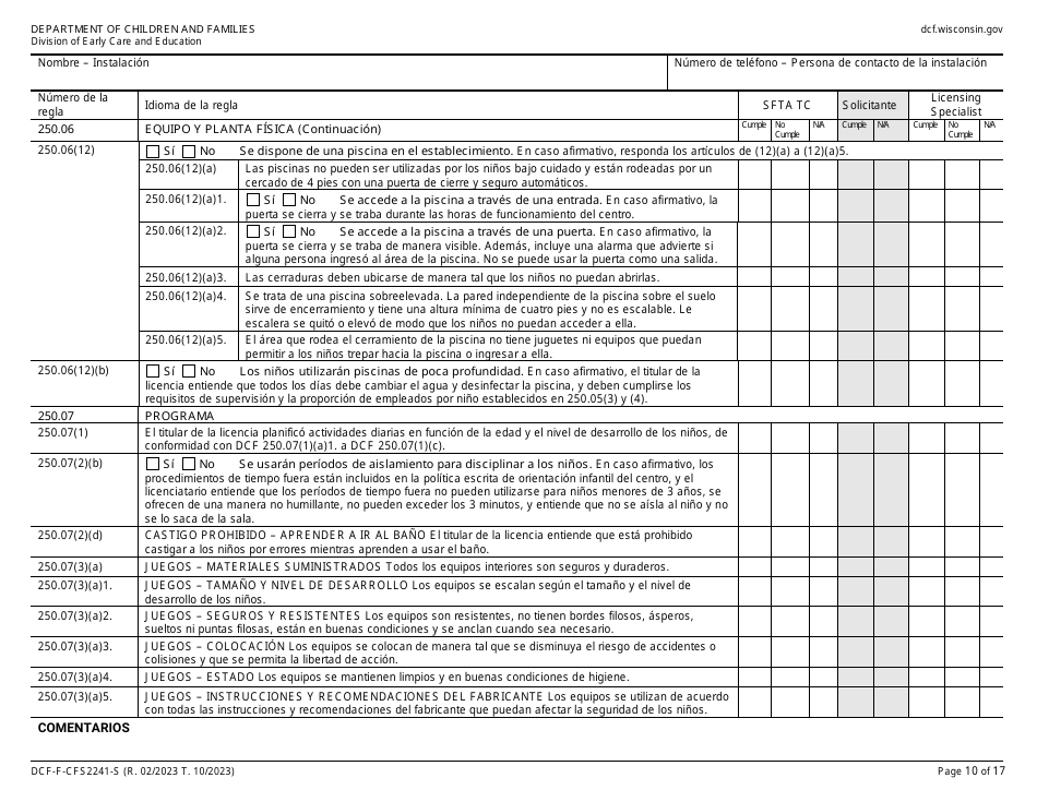 Formulario DCF-F-CFS2241-S Lista De Verificacion De La Licencia Inicial: Centros De Cuidado Infantil Familiar - Wisconsin (Spanish), Page 10