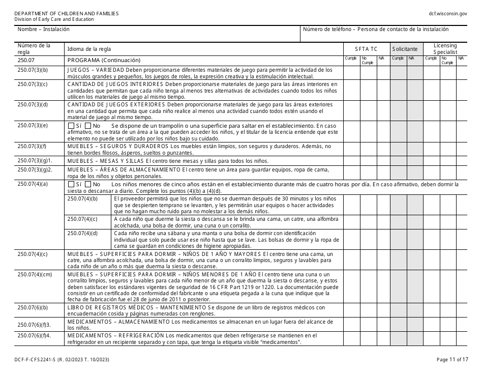 Formulario DCF-F-CFS2241-S Lista De Verificacion De La Licencia Inicial: Centros De Cuidado Infantil Familiar - Wisconsin (Spanish), Page 11