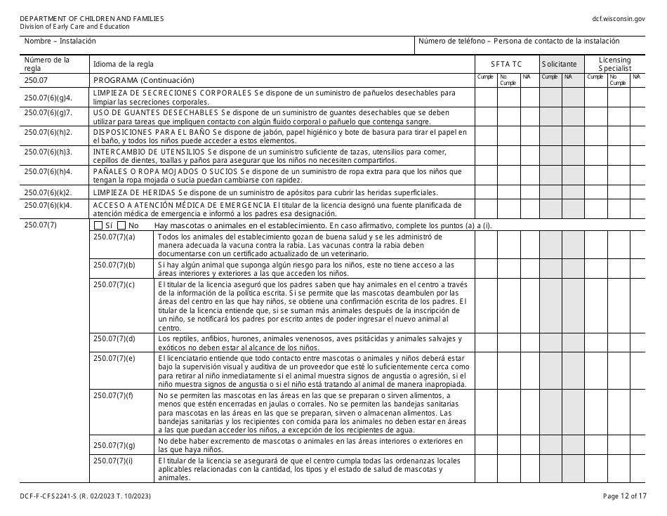 Formulario DCF-F-CFS2241-S Lista De Verificacion De La Licencia Inicial: Centros De Cuidado Infantil Familiar - Wisconsin (Spanish), Page 12