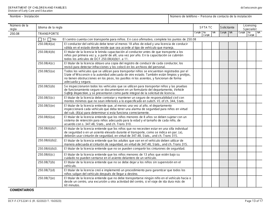 Formulario DCF-F-CFS2241-S Lista De Verificacion De La Licencia Inicial: Centros De Cuidado Infantil Familiar - Wisconsin (Spanish), Page 13