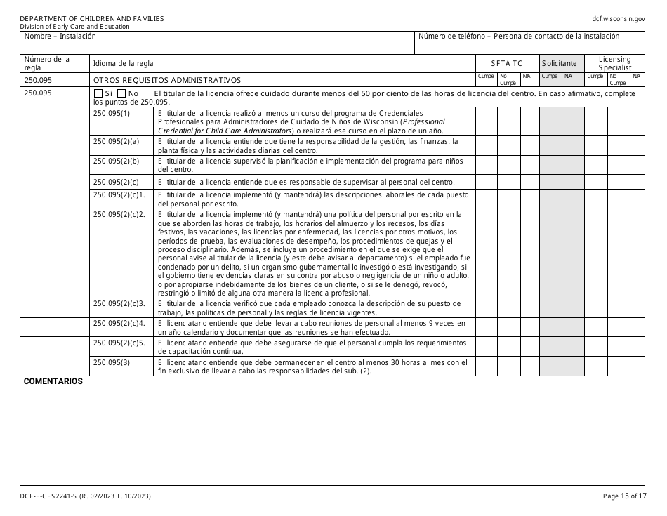 Formulario DCF-F-CFS2241-S Lista De Verificacion De La Licencia Inicial: Centros De Cuidado Infantil Familiar - Wisconsin (Spanish), Page 15