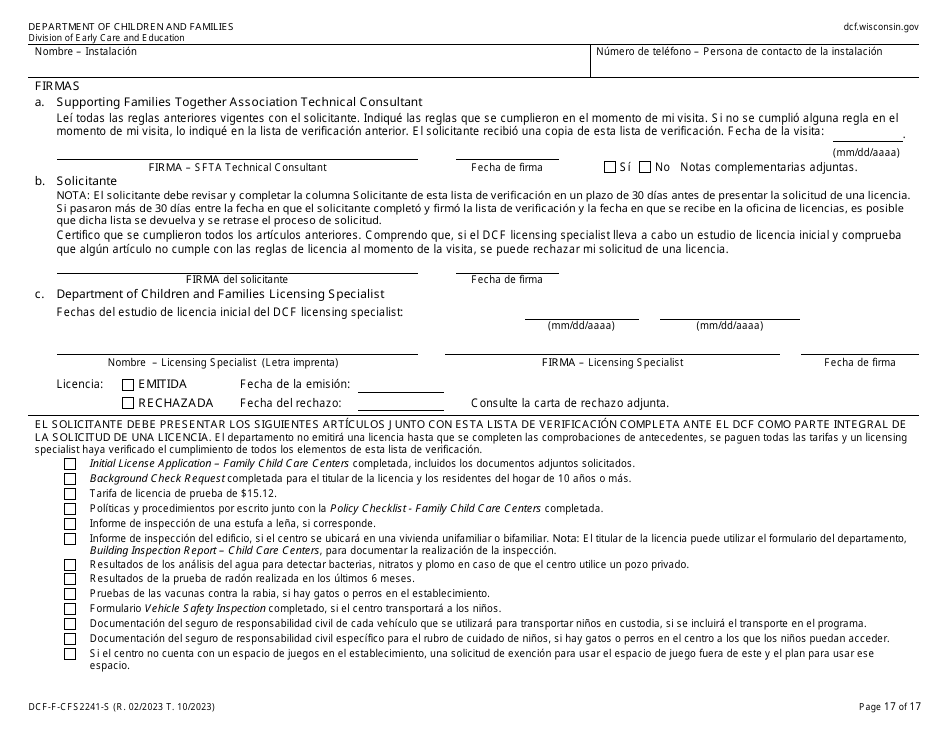 Formulario DCF-F-CFS2241-S Lista De Verificacion De La Licencia Inicial: Centros De Cuidado Infantil Familiar - Wisconsin (Spanish), Page 17