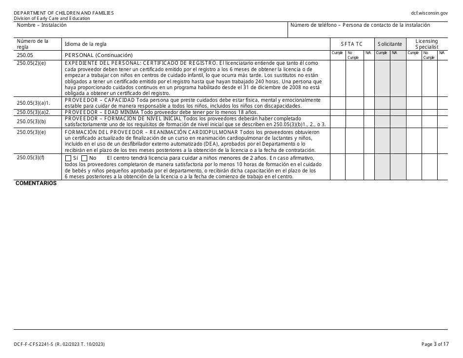 Formulario DCF-F-CFS2241-S Lista De Verificacion De La Licencia Inicial: Centros De Cuidado Infantil Familiar - Wisconsin (Spanish), Page 3