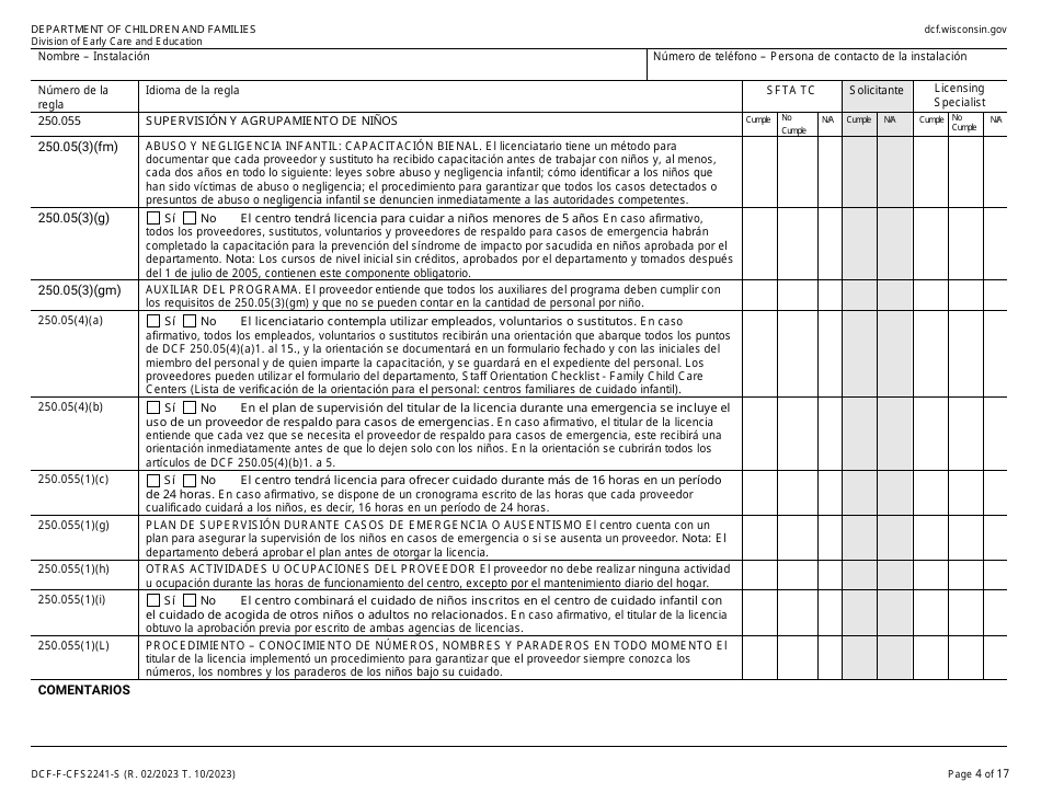 Formulario DCF-F-CFS2241-S Lista De Verificacion De La Licencia Inicial: Centros De Cuidado Infantil Familiar - Wisconsin (Spanish), Page 4