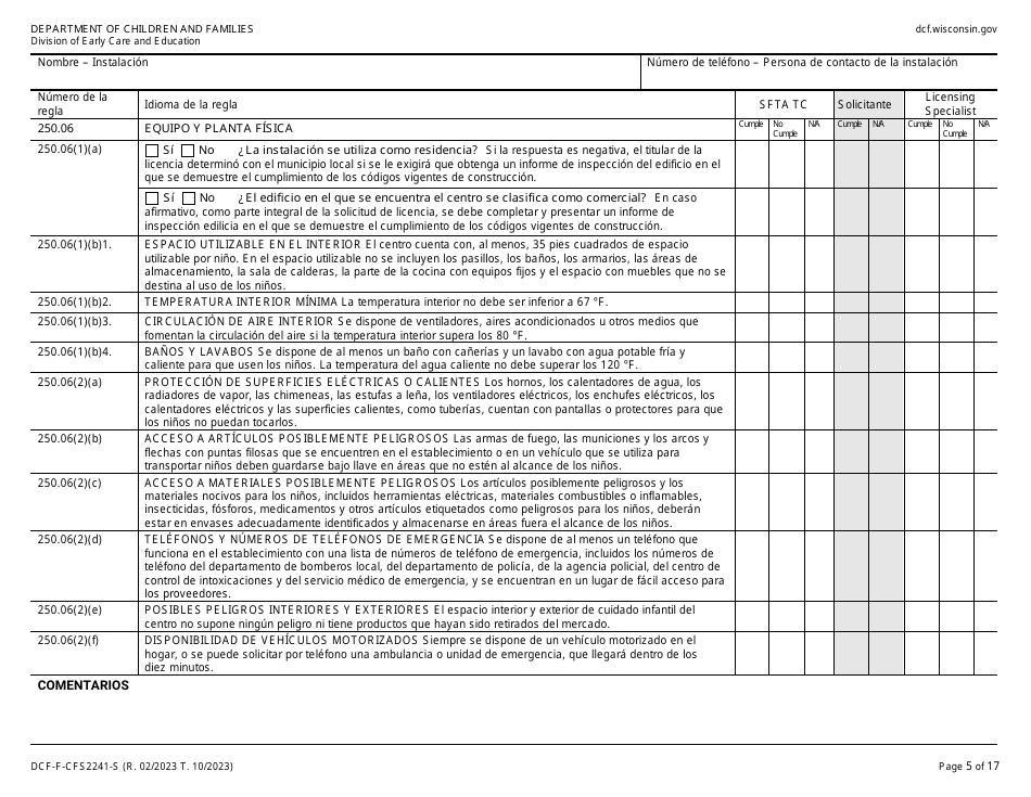Formulario DCF-F-CFS2241-S Lista De Verificacion De La Licencia Inicial: Centros De Cuidado Infantil Familiar - Wisconsin (Spanish), Page 5
