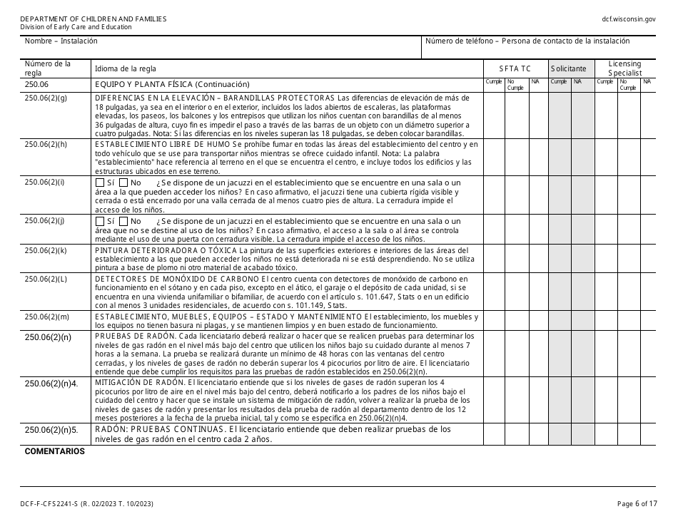 Formulario DCF-F-CFS2241-S Lista De Verificacion De La Licencia Inicial: Centros De Cuidado Infantil Familiar - Wisconsin (Spanish), Page 6