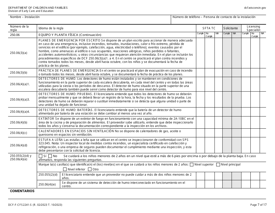 Formulario DCF-F-CFS2241-S Lista De Verificacion De La Licencia Inicial: Centros De Cuidado Infantil Familiar - Wisconsin (Spanish), Page 7