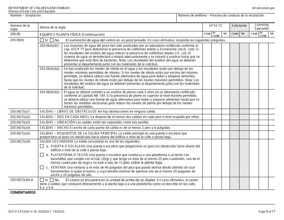 Formulario DCF-F-CFS2241-S Lista De Verificacion De La Licencia Inicial: Centros De Cuidado Infantil Familiar - Wisconsin (Spanish), Page 8