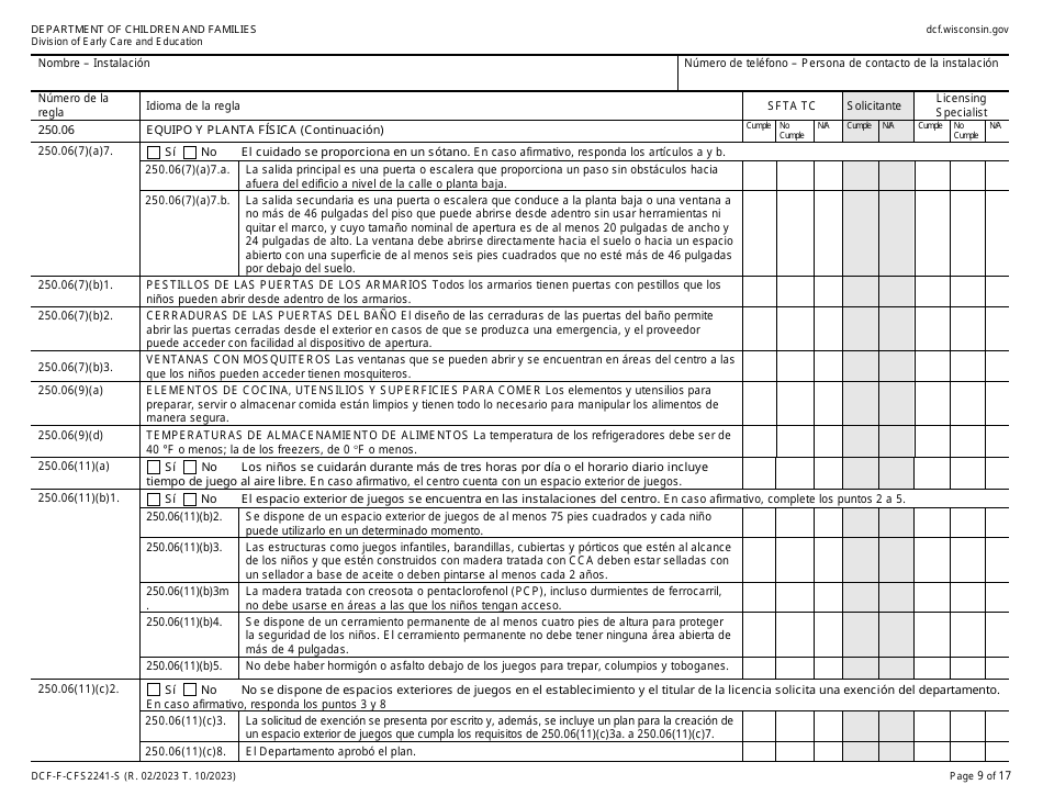 Formulario DCF-F-CFS2241-S Lista De Verificacion De La Licencia Inicial: Centros De Cuidado Infantil Familiar - Wisconsin (Spanish), Page 9