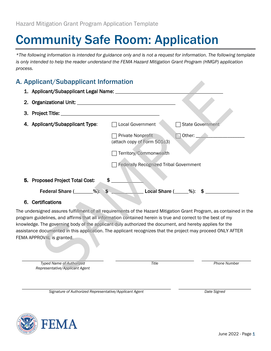 Community Safe Room: Application - Hazard Mitigation Grant Program - Sample, Page 1