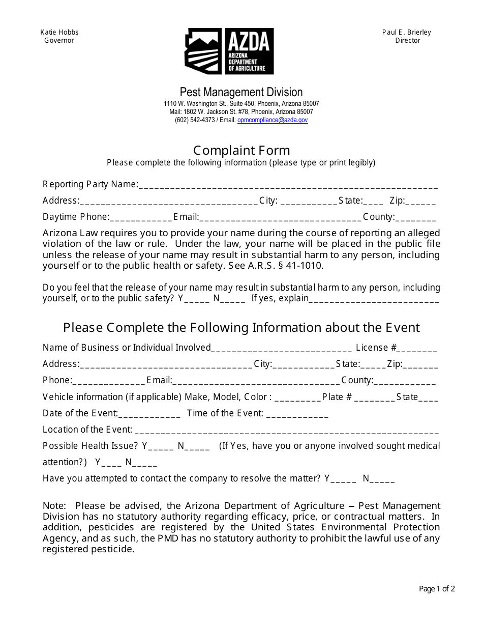 Arizona Complaint Form Download Printable PDF 2018 — 2024 Templateroller