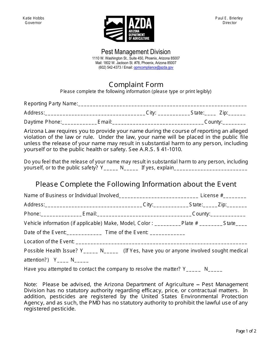 Complaint Form - Arizona, Page 1