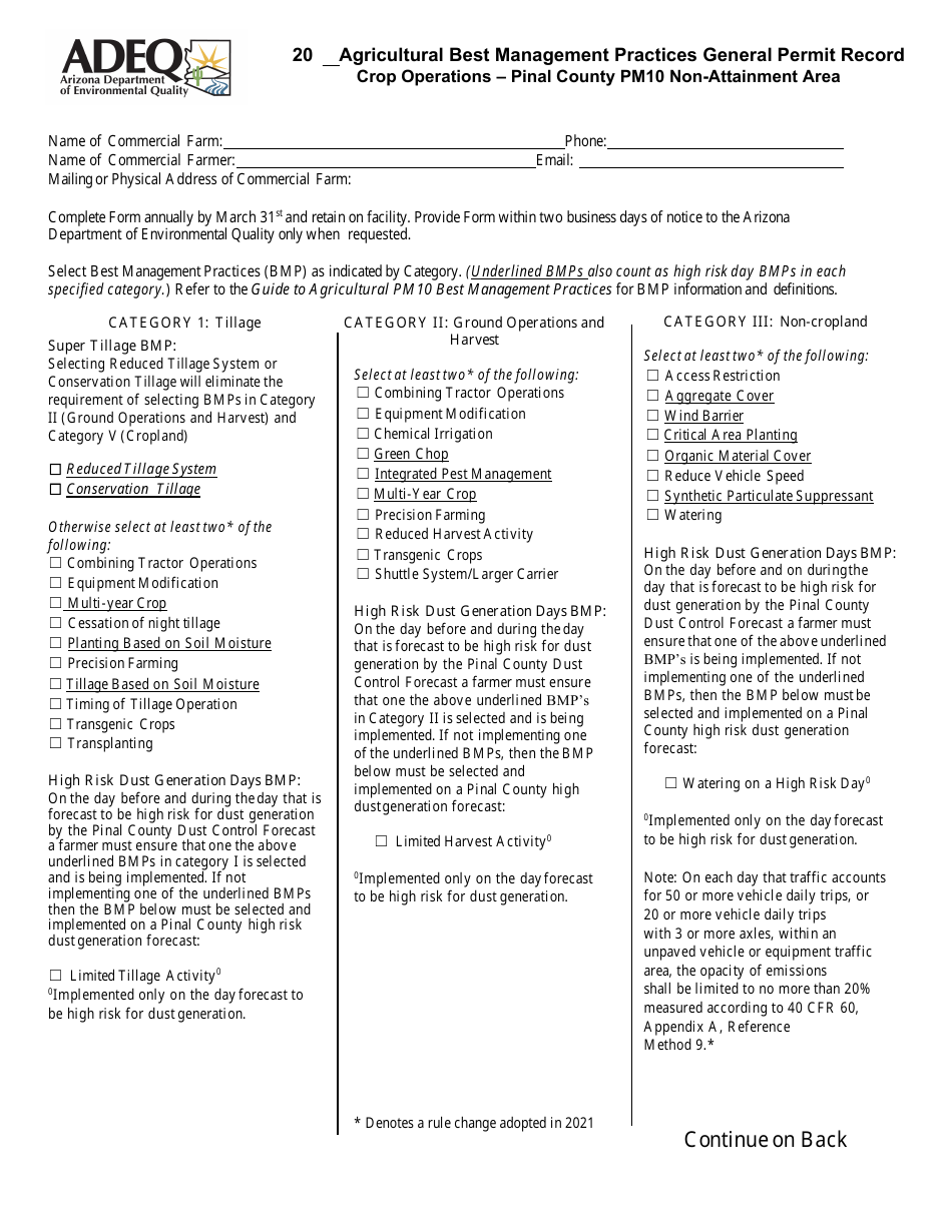 Agricultural Best Management Practices General Permit Record Crop Operations - Pinal County Pm10 Non-attainment Area - Arizona, Page 1