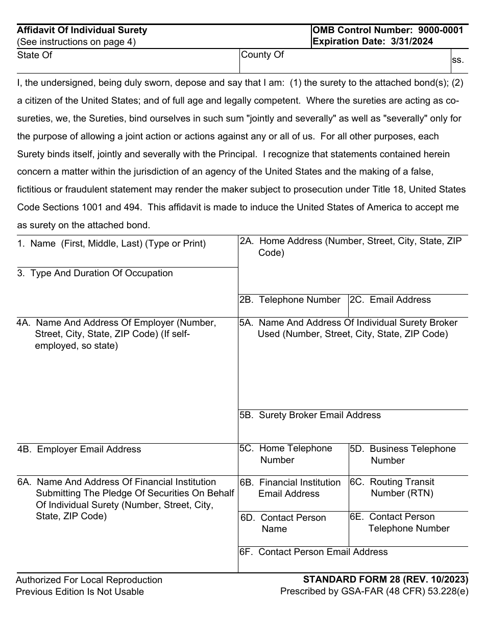 Form SF-28 Affidavit of Individual Surety, Page 1