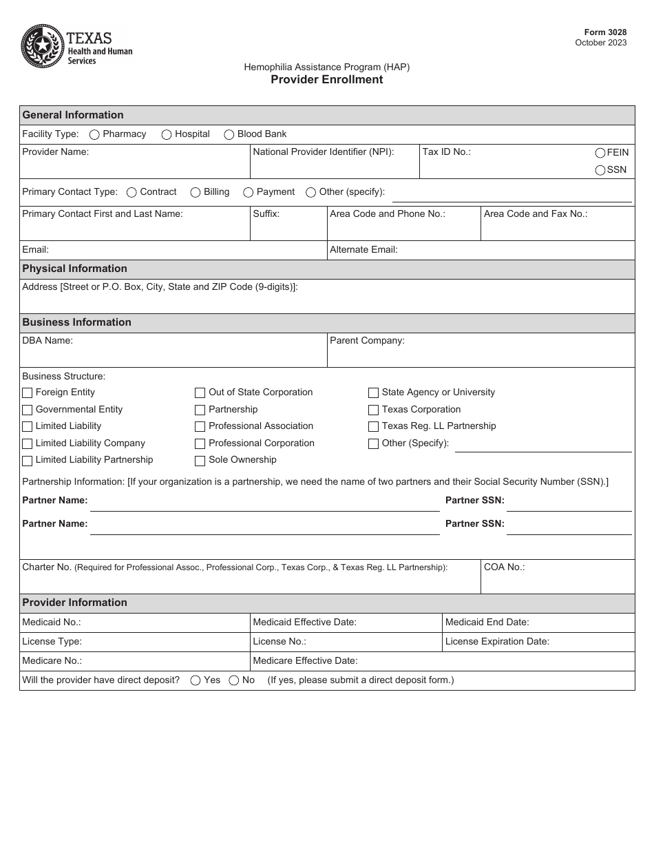 Form 3028 Provider Enrollment - Hemophilia Assistance Program (Hap) - Texas, Page 1