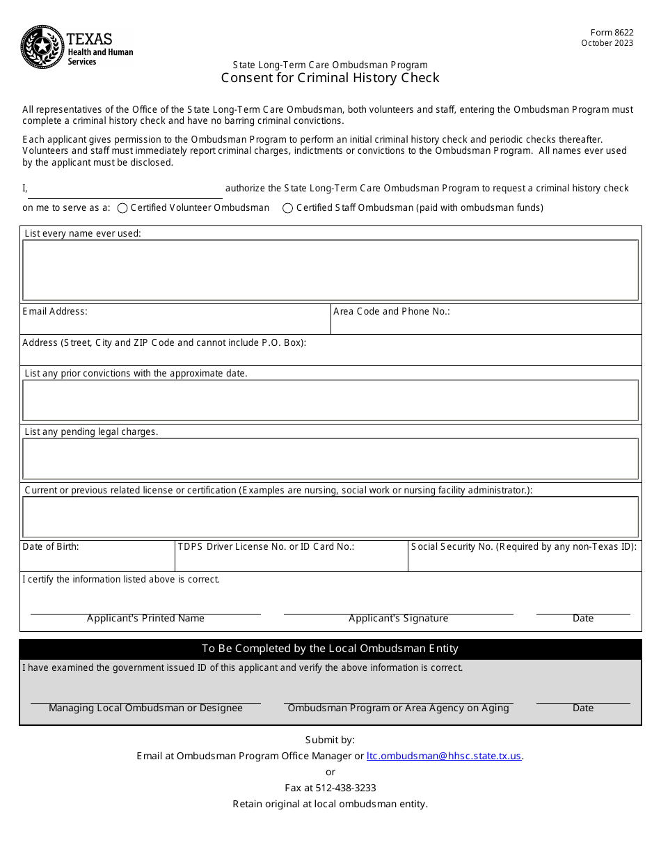 Form 8622 Consent for Criminal History Check - State Long-Term Care Ombudsman Program - Texas, Page 1