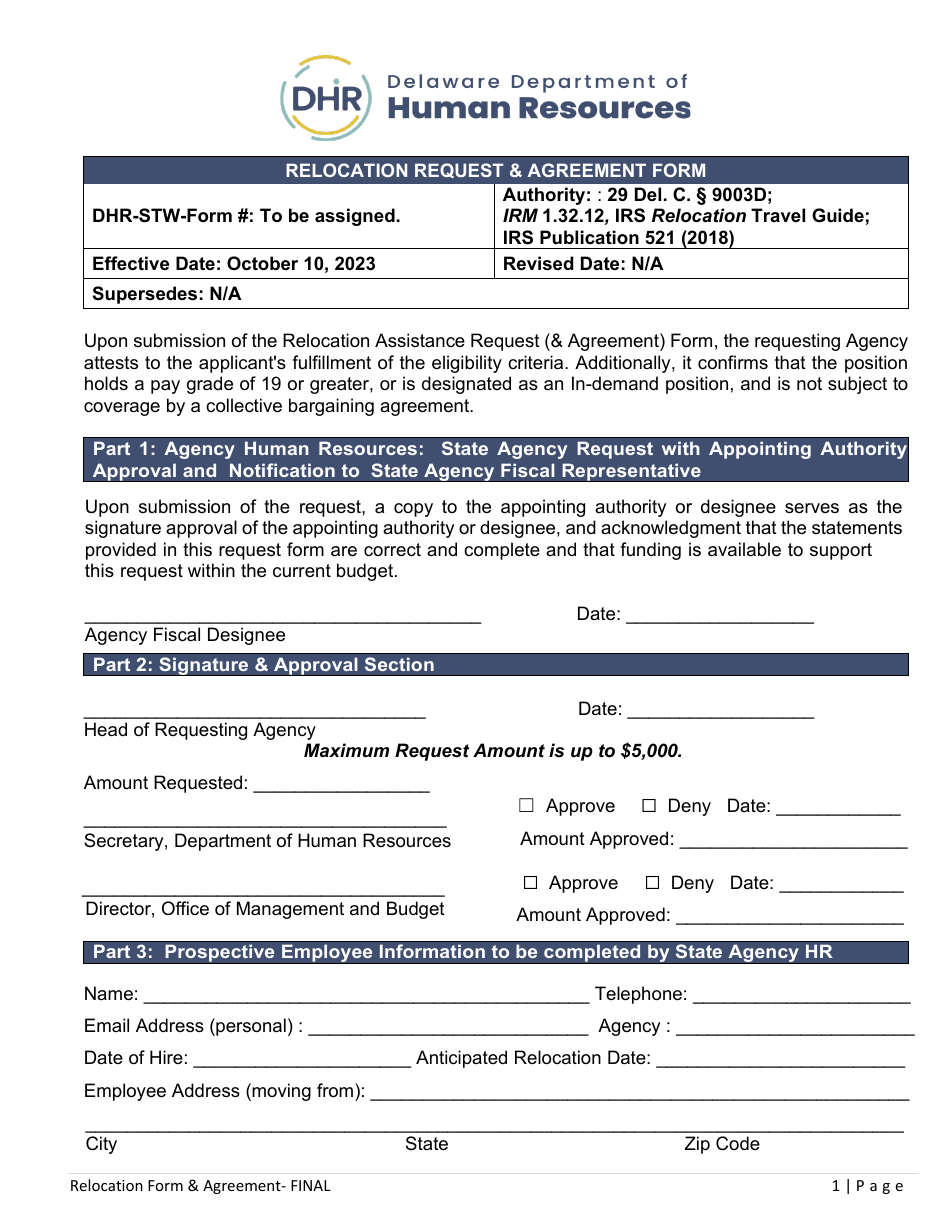 Relocation Request  Agreement Form - Delaware, Page 1