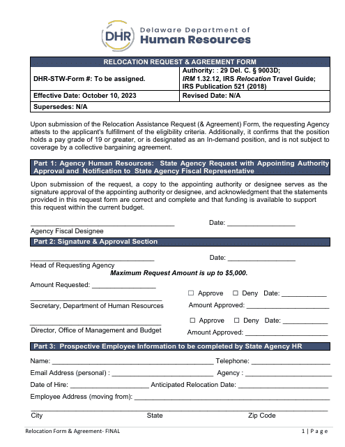 Relocation Request & Agreement Form - Delaware Download Pdf