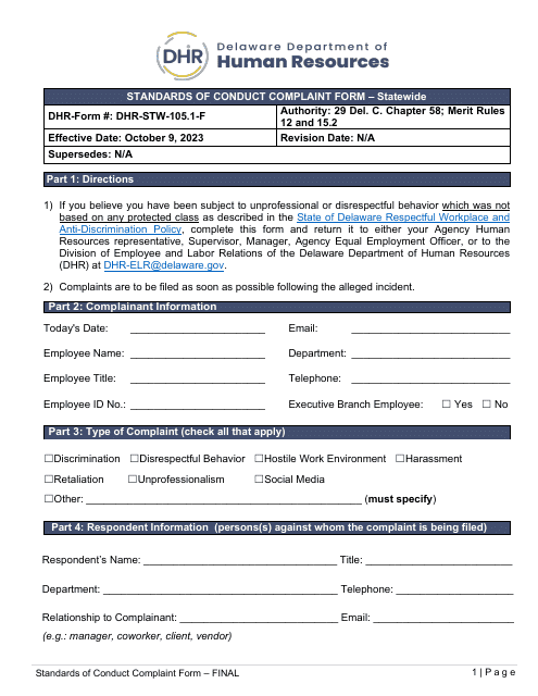 Form DHR-STW-105.1-F Standards of Conduct Complaint Form - Statewide - Delaware