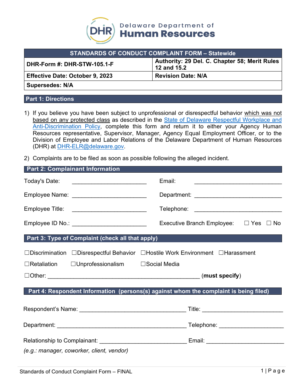 Form DHR-STW-105.1-F Standards of Conduct Complaint Form - Statewide - Delaware, Page 1