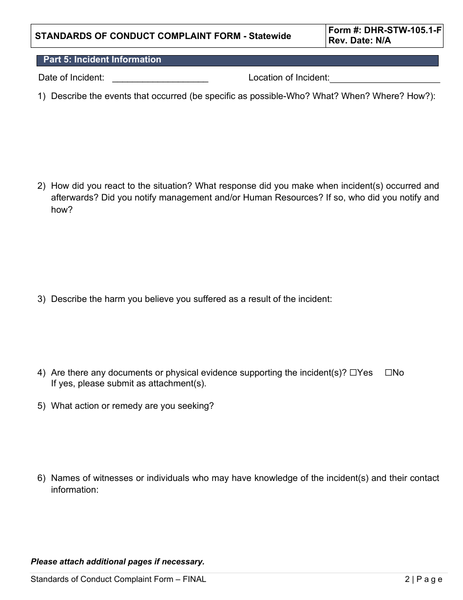 Form DHR-STW-105.1-F Standards of Conduct Complaint Form - Statewide - Delaware, Page 2