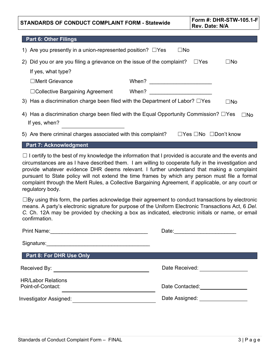 Form DHR-STW-105.1-F Standards of Conduct Complaint Form - Statewide - Delaware, Page 3