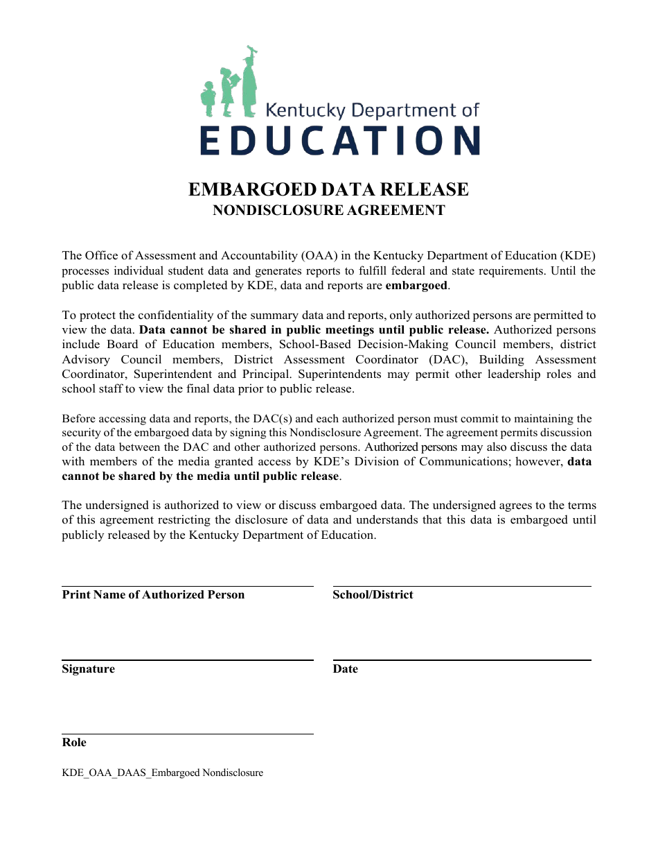 Embargoed Data Release Nondisclosure Agreement - Kentucky, Page 1