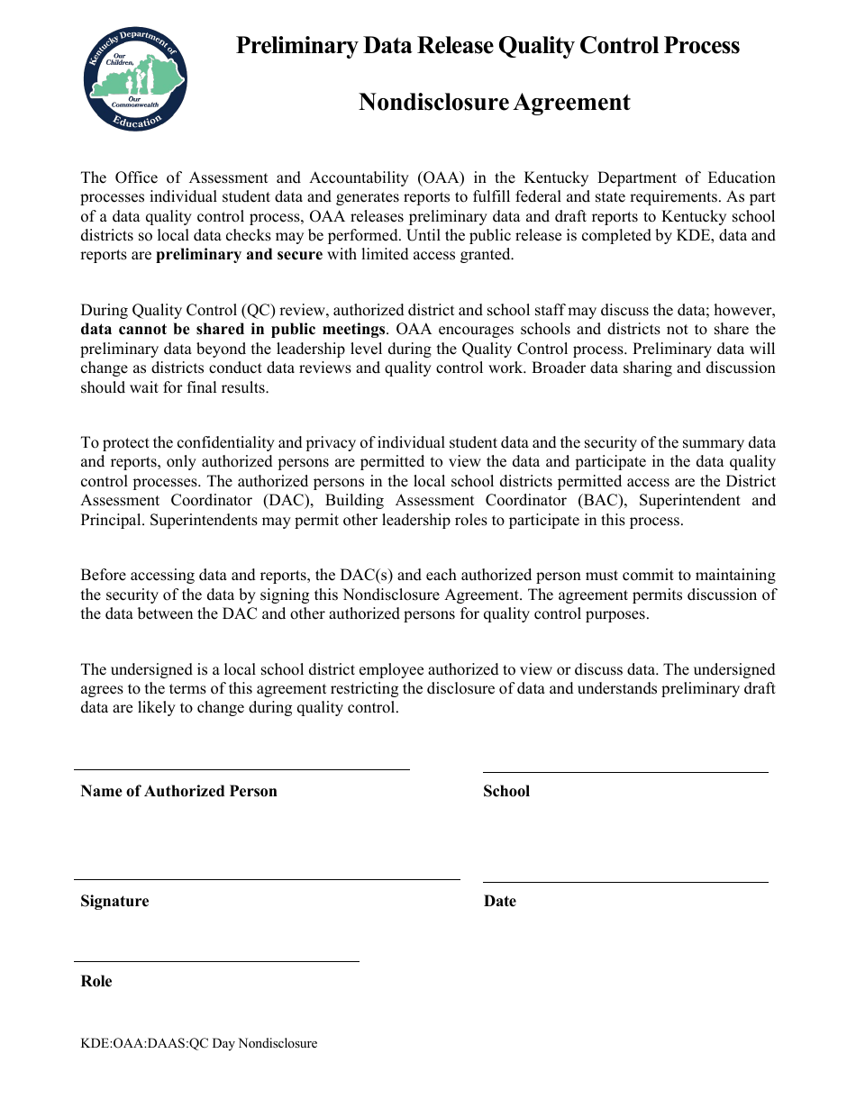 Preliminary Data Release Quality Control Process Nondisclosure Agreement - Kentucky, Page 1