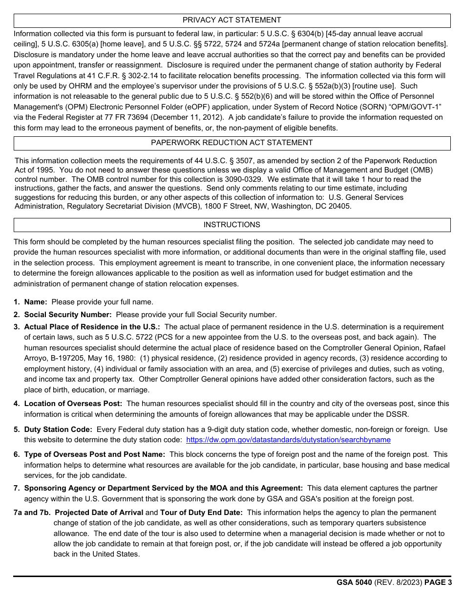 GSA Form 5040 Overseas Employment Service Agreement, Page 3