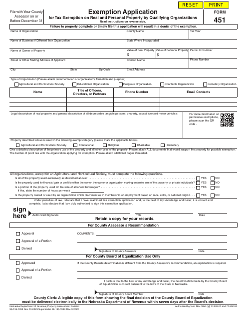 Form 451 Exemption Application for Tax Exemption on Real and Personal Property by Qualifying Organizations - Nebraska