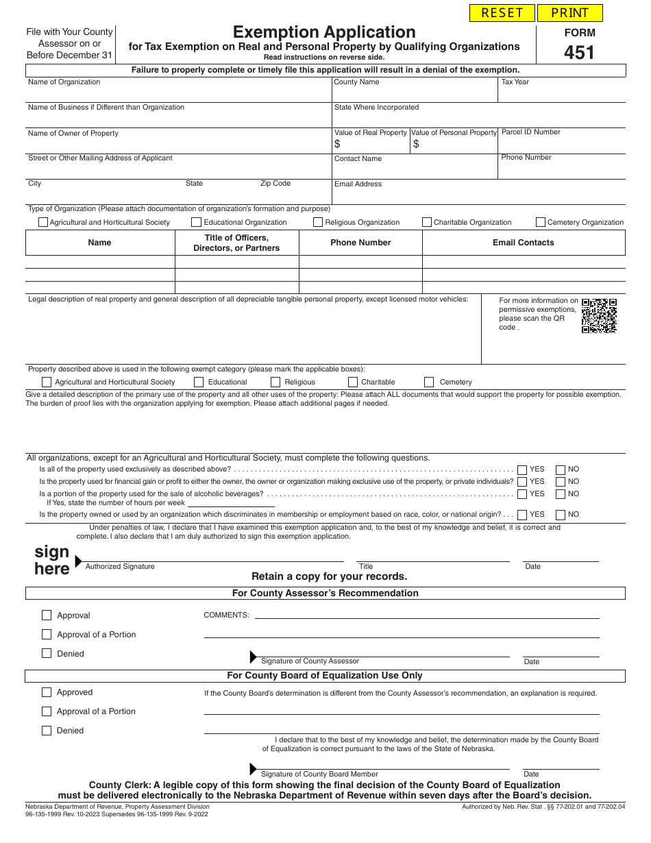 Form 451 Download Fillable PDF or Fill Online Exemption Application for ...