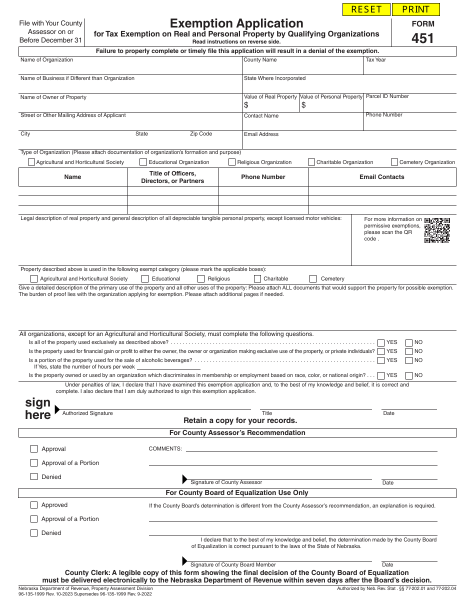 Form 451 Exemption Application for Tax Exemption on Real and Personal Property by Qualifying Organizations - Nebraska, Page 1