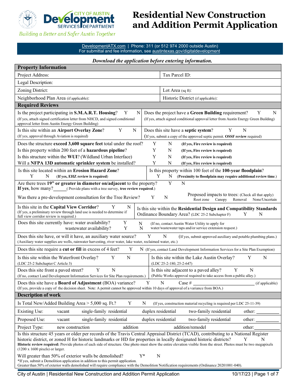 Residential New Construction and Addition Permit Application - City of Austin, Texas, Page 1