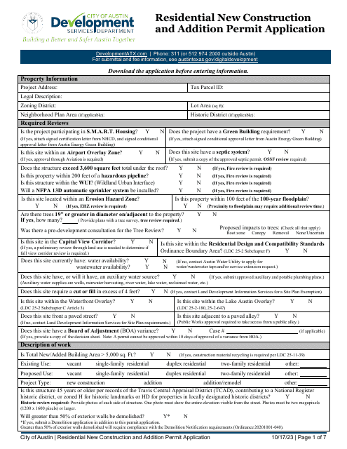 Residential New Construction and Addition Permit Application - City of Austin, Texas Download Pdf